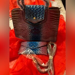 Elegant Crocodile Embossed Women's Bag Set - Blue and Brown